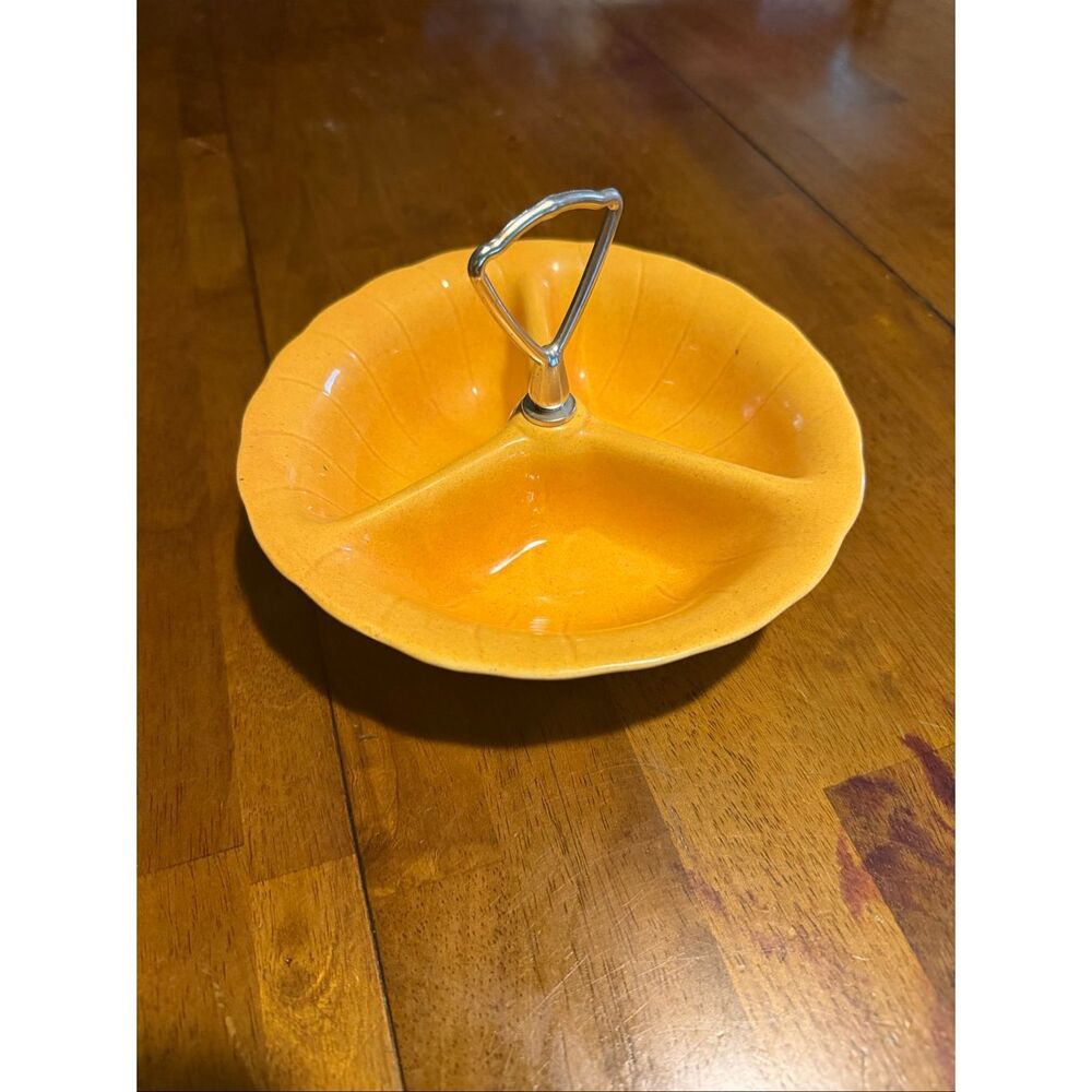 Vintage 1960 Lane & Co. Van Nuys California Pottery divided yellow serving dish